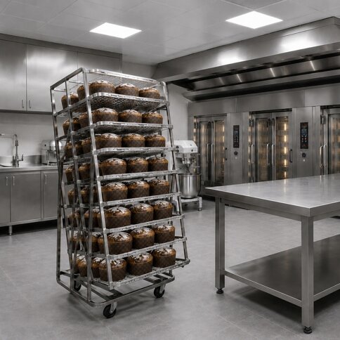 Laboratorio di pasticceria con carrello per panettoni e forni professionali